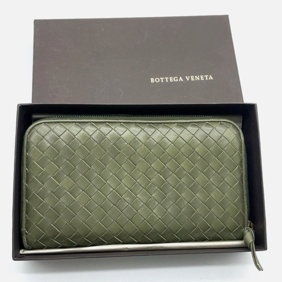 Bottega Veneta Intrecciato Leather Olive Green Zip Round Long Wallet W/Box - Picture 9 of 14